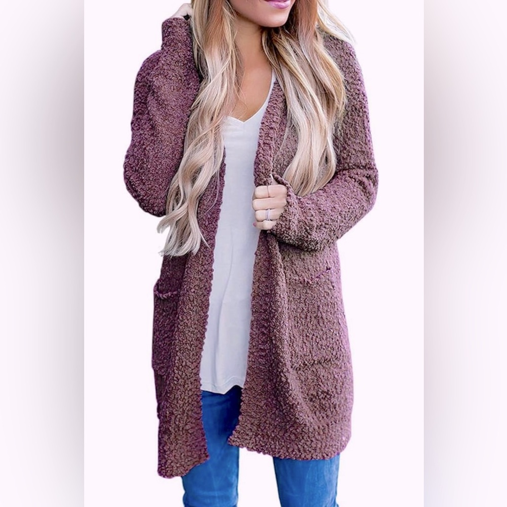 Cozy Open-Front Bouclé Cardigan - Dusty Mauve